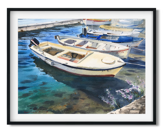 Motorboat Painting Watercolor Original, Nautical Wall Art, Fishing Boat, Pier Artwork, Seascape, Coastal Room Decor