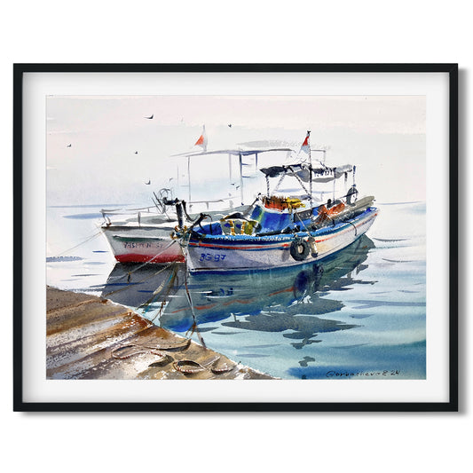 Boats at the Pier #5 - Original Watercolor Painting of Fishing Boats on the Blue Sea, 9x12 in