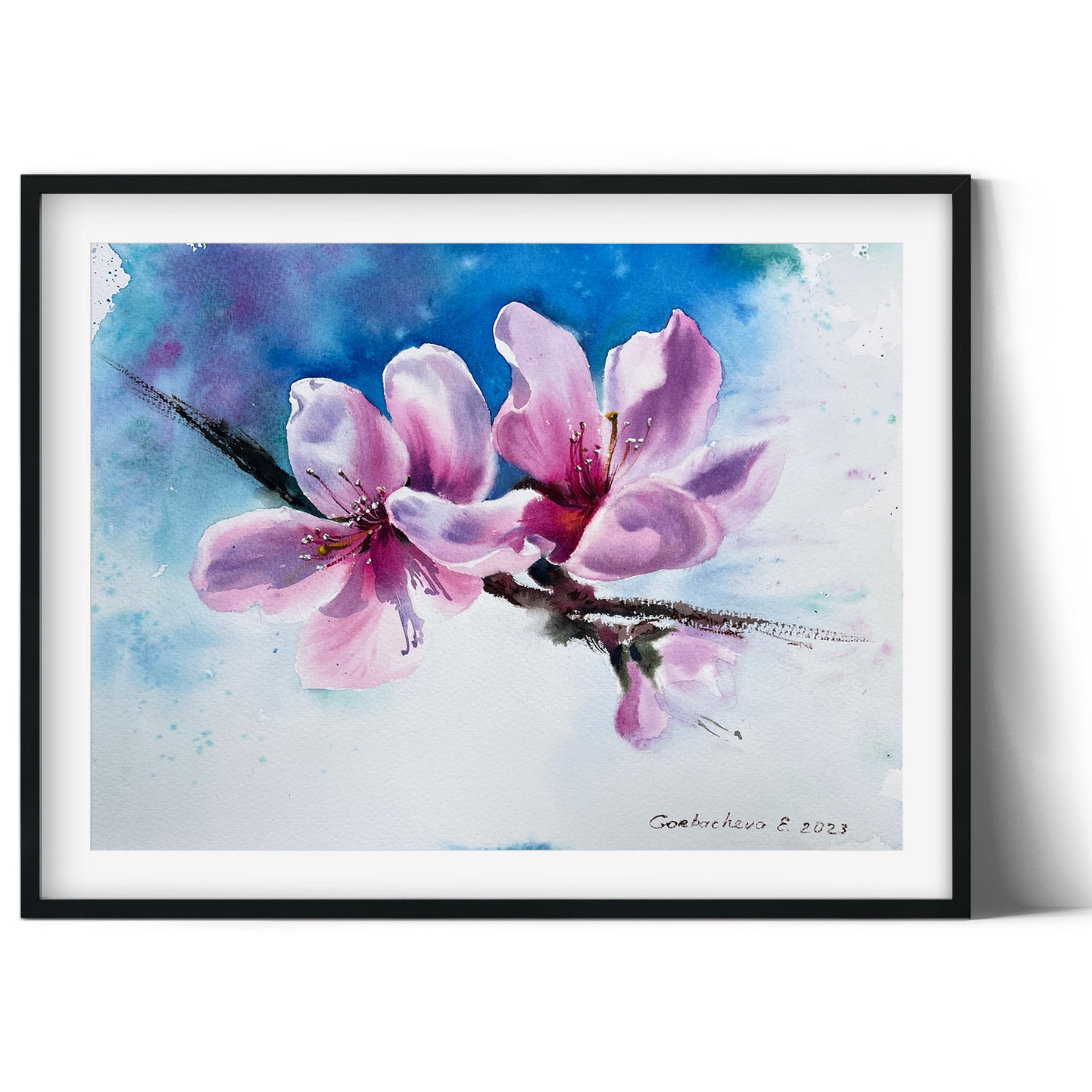 Pink Flower Painting, Original Watercolor Artwork, Blooming Peach Tree, Botanical Wall Art, Gift, Wedding Gift