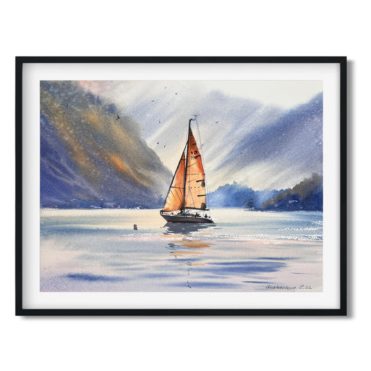 Sea Sailboat Small Painting, Watercolor Original, Seascape Artwork, Tropic Beach Art, Coastal Wall Art Decor