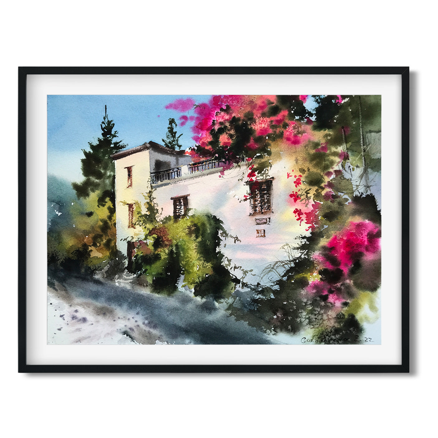 Coastal Village House Painting Original Watercolor, Greek Style Artwork, White, Green, Pink Flowers Wall Decor, Gift
