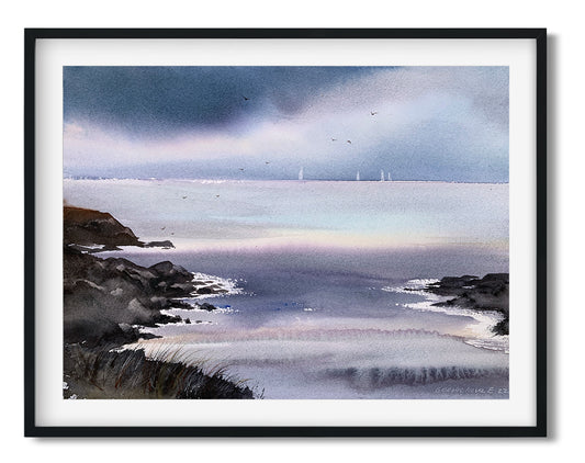Nordic Sea Small Painting, Original Watercolor, Abstract Northern Seascape, Yachting Art, Contemporary Wall Art Decor