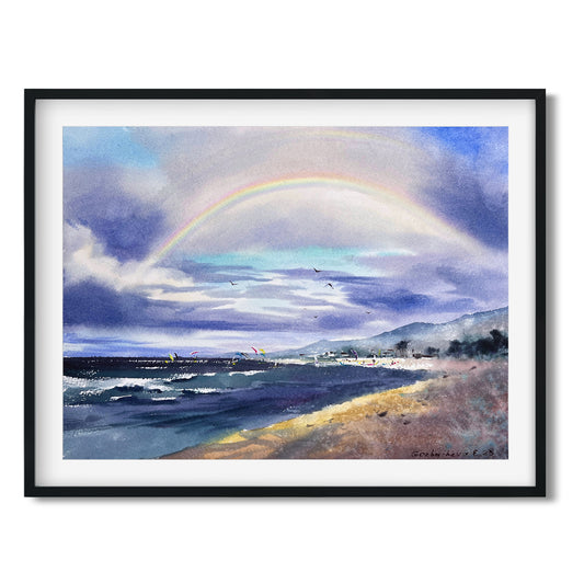 Sea Beach Painting Small, Original Watercolor, Rainbow Artwork, Blue Wave Kite Art, Coastal Home Wall Decor, Gift