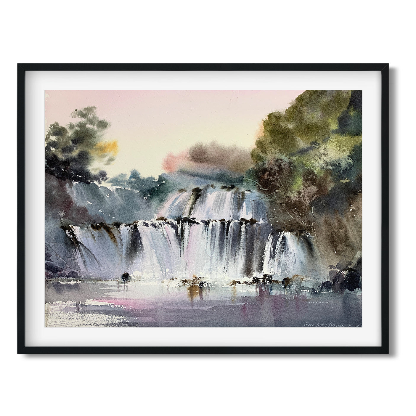 Waterfall Painting Original, Watercolor Art, Tropical Landscape Artwork, Green Forest, Nature Art Decor, Gift