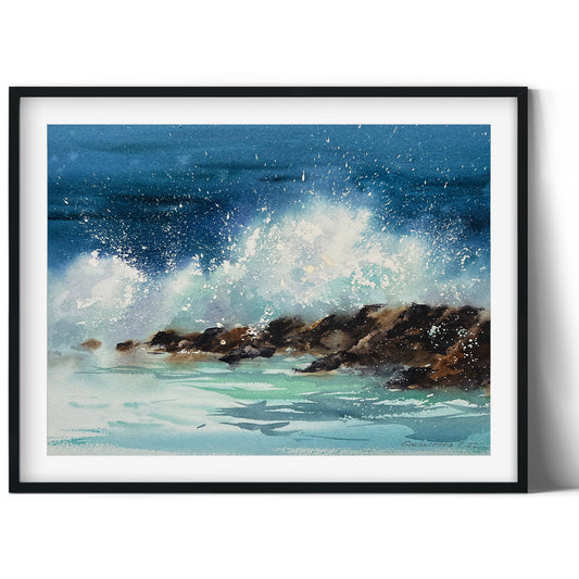 Seaview Painting, Watercolour Original Art - Waves and Rocks #9