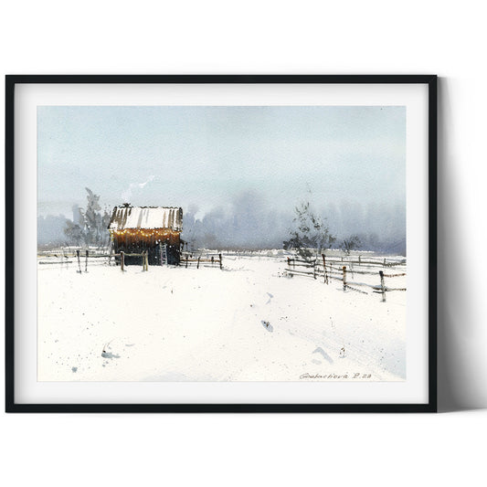 Winter Rural Small Painting, Original Watercolor Artwork, Christmas Morning, New Year Gift & Art Decor, Snowy Landscape