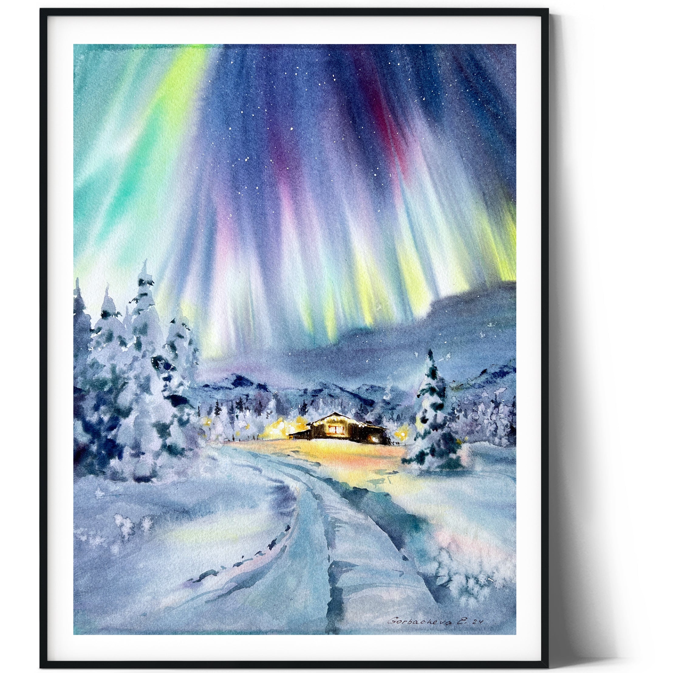 Original watercolor painting. Landscape watercolour painting. Dreamy landscape. Modern home decoration. Northern good lights. Swedish landscape.