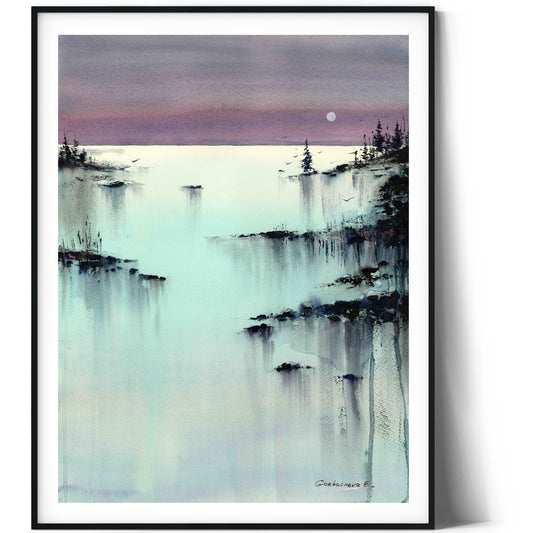 Night Coast Art Print, Modern Pine Tree Shore Canvas Painting, Watercolor Turquoise Lake, Mint Design Wall Decor, Gift