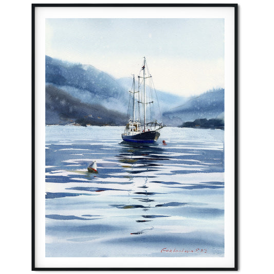 Blue Painting Original, Watercolor Fishing Boat Artwork, Gift for Sailor, Gloomy Sea, Seascape Art