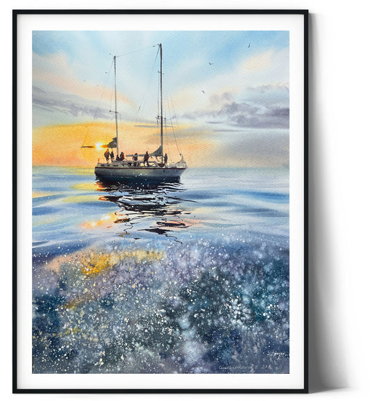 Sailboat Painting Original Watercolor, Yacht Artwork, Seascape Coastal Art, Gift, Blue