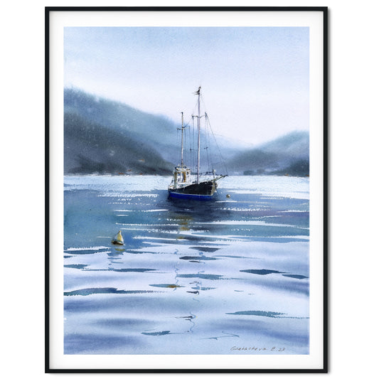 Fishing Trawler Painting Original, Watercolor Nautical Artwork, Gift for Fisherman, Gloomy Sea, Boat Art