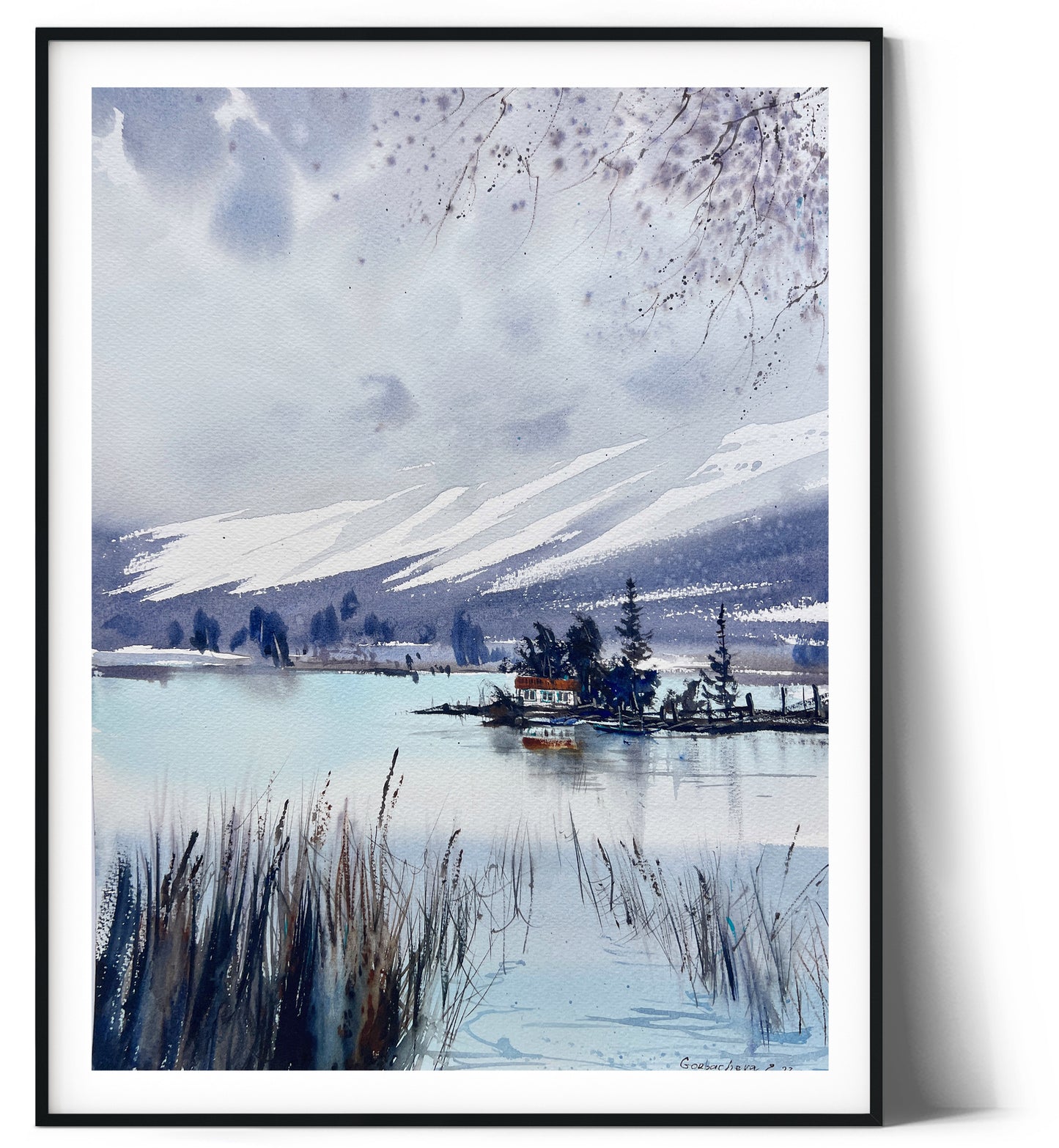 Painting of Mountain Lake House, Original Watercolor Landscape in Autumn, Blue Abstract Art, Pine Coastal Artwork