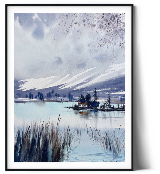 Painting of Mountain Lake House, Original Watercolor Landscape in Autumn, Blue Abstract Art, Pine Coastal Artwork