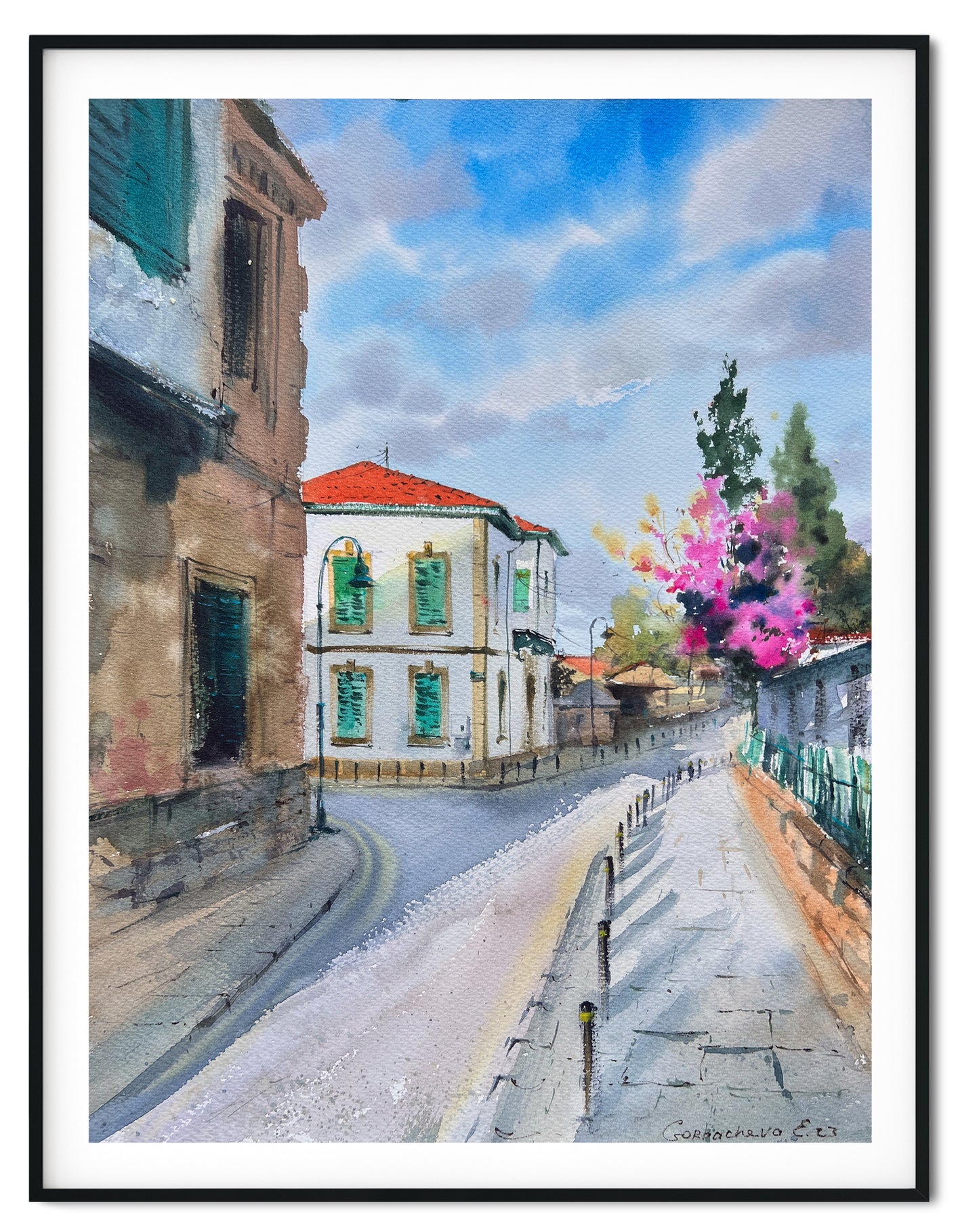 Old City Painting Original Watercolor, Cyprus Cityscape Artwork, Street Scene, Mediterranean Art, Travel Gift for Him