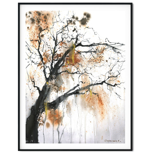 Minimalist Fall Tree Sketch Art, Abstract Watercolor, Neutral Painting, Ocher Wall Art