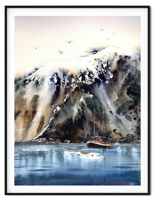 Watercolor Painting Original - Ship and fjords - 22x16 in