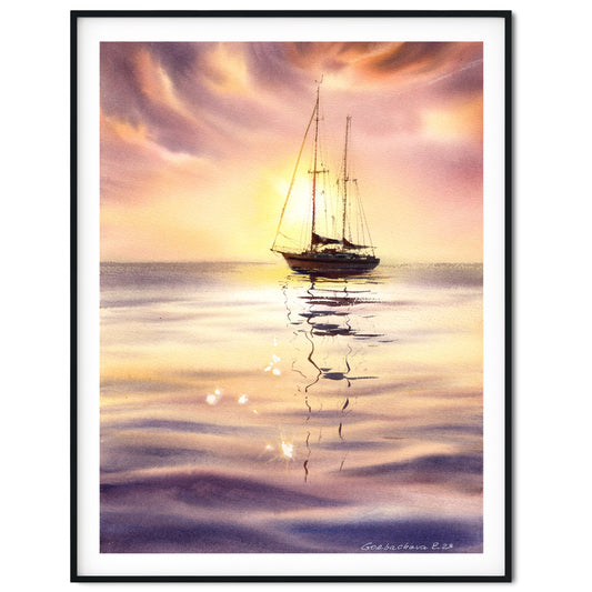 Sailboat Painting Original Watercolor, Yacht Artwork, Seascape Coastal Art, Gift