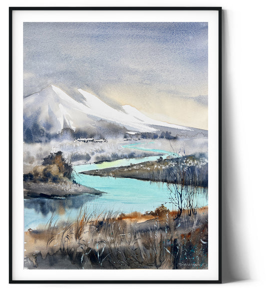 Misty Mountains, Original Watercolor Painting, Foggy Mountain River, Landscape Wall Art, Unique Gift