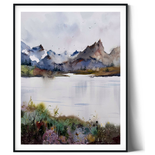 Abstract Mountain Painting Watercolour Original, Contemporary Art, Wall Decor, Modern Landscape With Lake, Wildflowers
