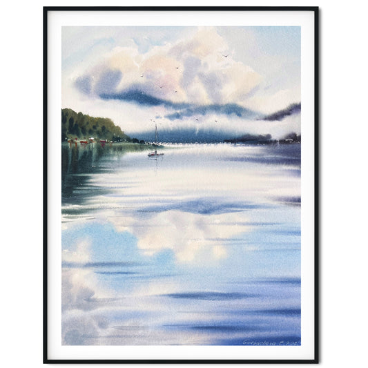 Abstract Lake & Mountain Watercolor Painting, Original Art, Forest House Wall Decor, Abstract Landscape, Sailboat