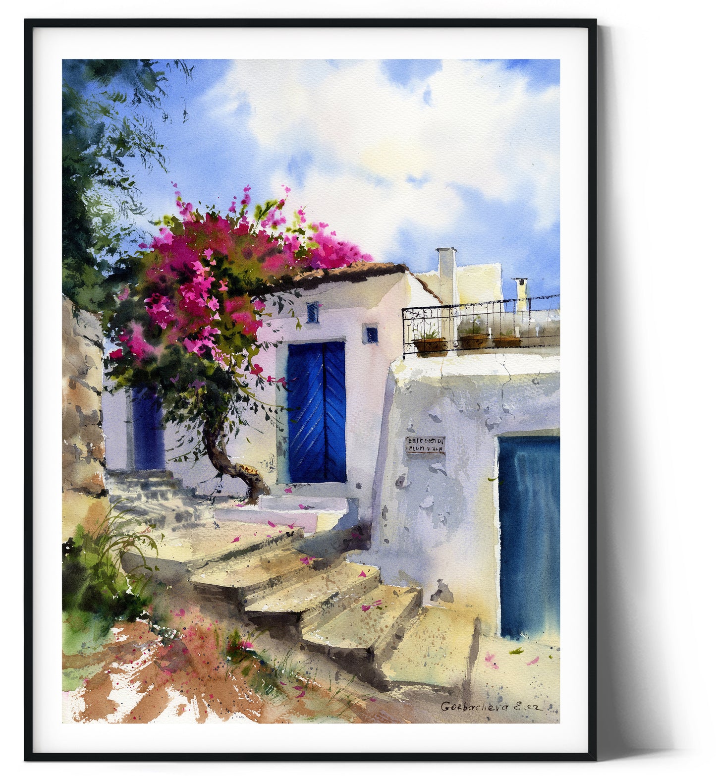 Old House Print, Architecture Wall Art, Vintage Greek Blue Door, Greece,  Watercolor Art, Mediterranean Painting