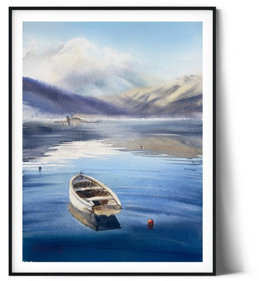 Lake Boat Painting Original Watercolor, Mountain Landscape Wall Art, Nature Cottage Wall Decor, Blue, Gift For Dad