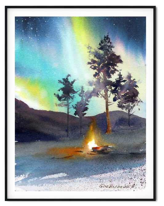 Northern lights Wall Art, Aurora Borealis Print, Winter Forest Landscape Watercolor Painting, Home Wall Decor, Canvas Print, Night Sky, Gift