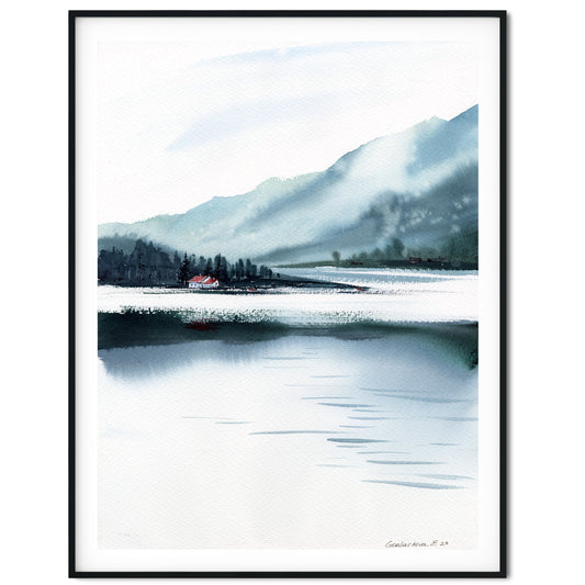 Modern Mountain Painting Original Watercolour, Forest Art, Nature Wall Decor, Landscape With Lake, Watercolor Artwork