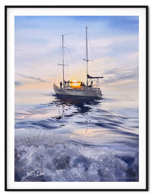 Nautical Sailboat Painting Watercolor Original, Yacht Wall Art, Seascape Sunset Artwork, Yachting Wall Decor, Gift