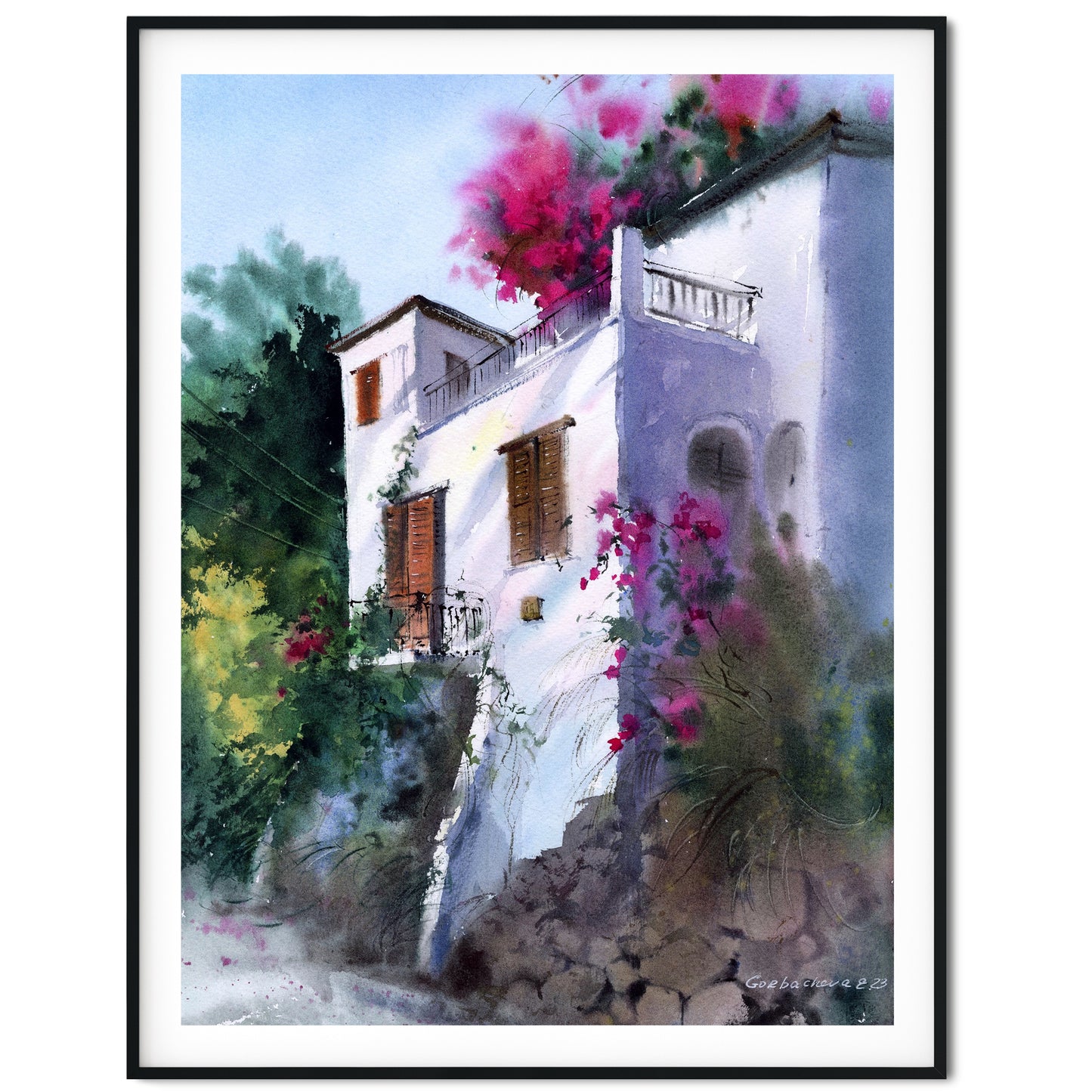 Cyprus Watercolor Painting, Original Artwork, Coastal Art Decor, Bougainvillea Flower, Gift For Home