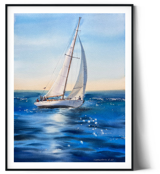 Sailboat Seascape Painting Watercolor, One-of-a-Kind Original Artwork, Gift For Him, Blue, Nautical Art