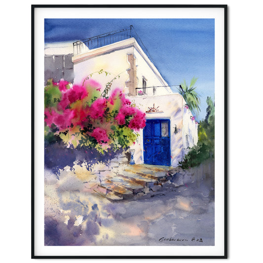 Cyprus House Painting, Original Watercolor Art, Greek Coastal City, Greece, Village Artwork, Forged Gate, Karmi, Gift