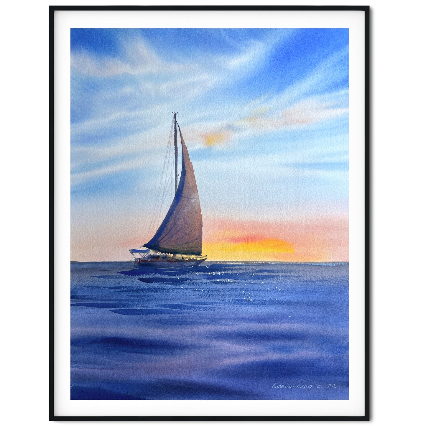 Sunset Yacht Painting Original, Watercolor Sailboat Artwork, Seaview Art, Coastal Living Room Wall Art, Gift