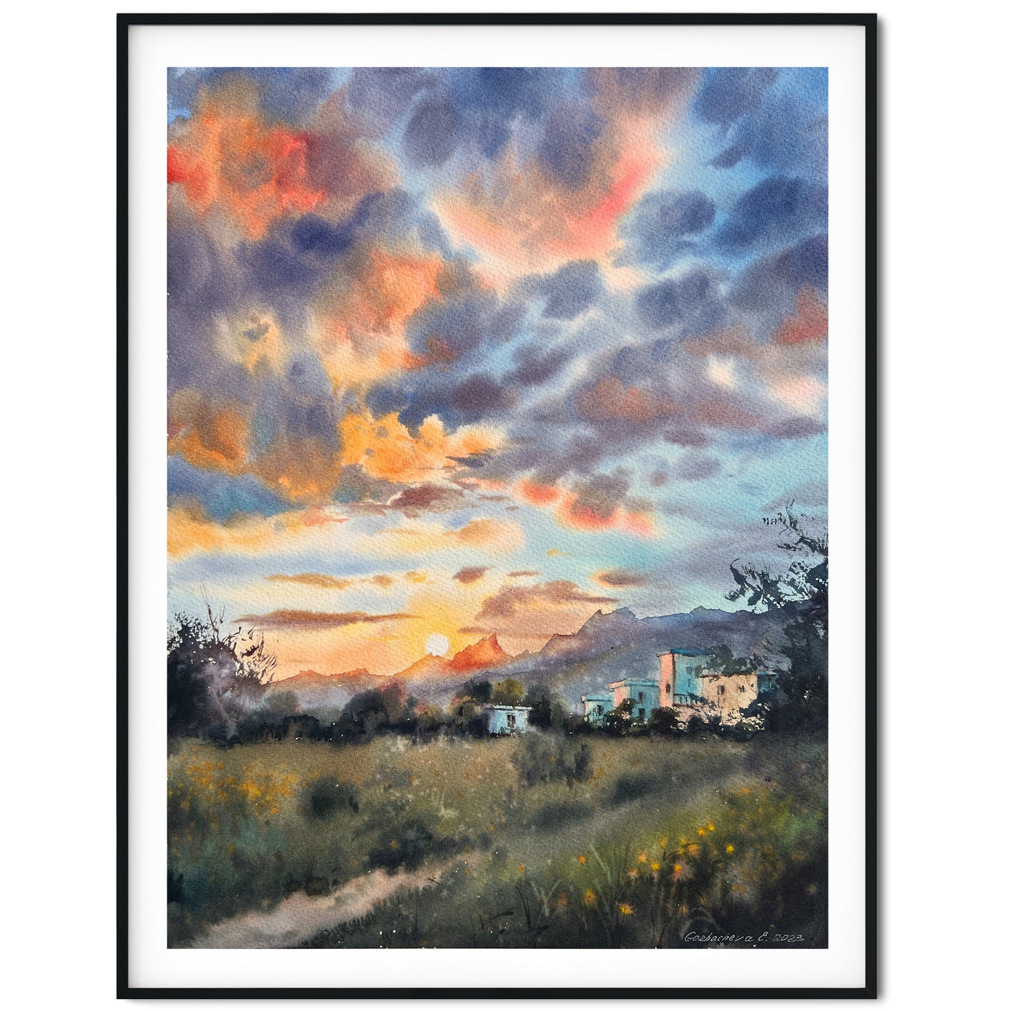 Sunrise Landscape Watercolor Painting Original, Country Artwork, Mountain Wildflower Wall Art, Orange Sunset, Gift