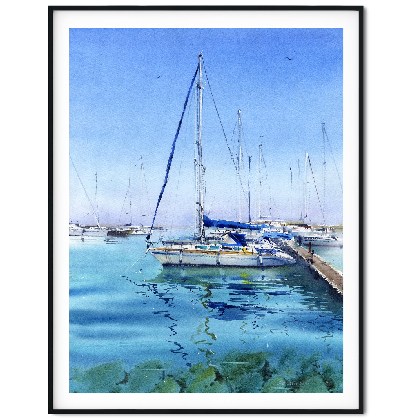 Nautical Watercolor Art: Yachts at Anchor #16 - Painting Watercolor Original