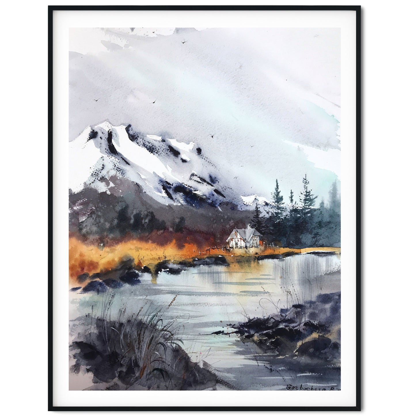 Nature Painting Original, Fall Mountain River, Home Wall Decor, Watercolor Abstract Landscape, Living Room Art Decor