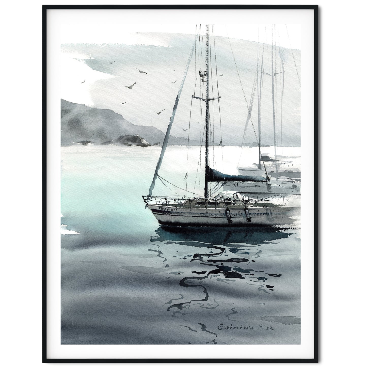 Monochrome Yacht Art, Seascape Print, Bedroom Wall Decor, Sailboat Watercolor Painting on Canvas, Home Wall Decor, Gift