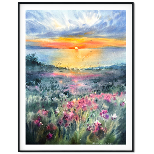 Original Watercolor Painting: Flowers and Sea at Sunset - Clover Field Art