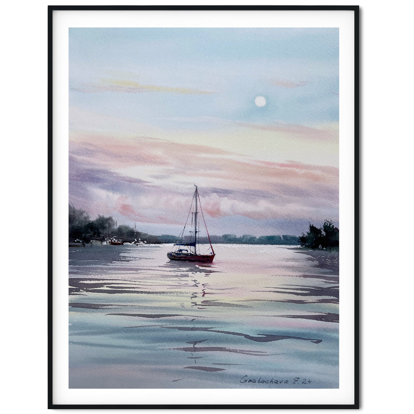 Sailboat Painting Original, Watercolour Seascape - Yacht and Pink Dawn #2