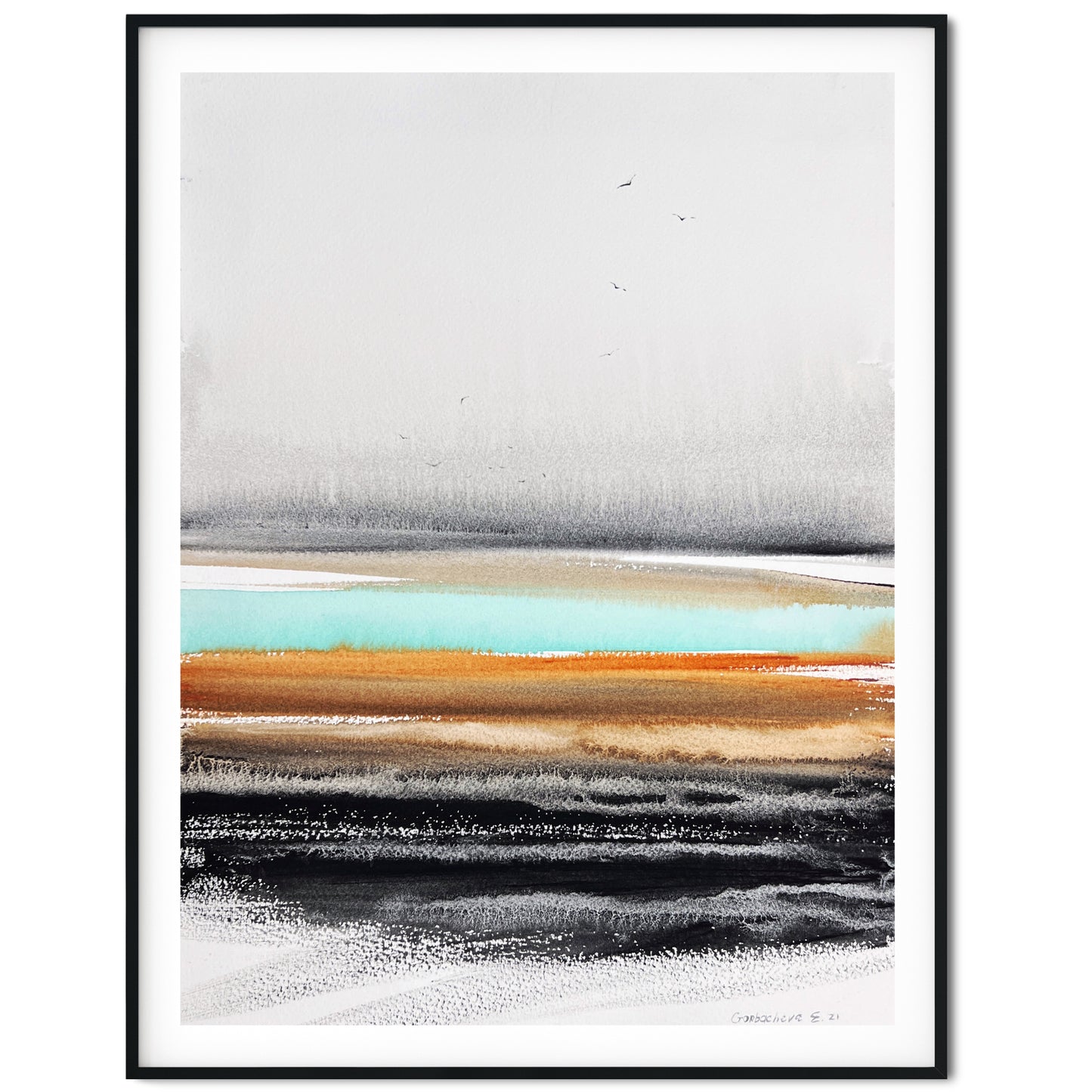 Abstract Landscape Watercolor Painting - River Valley in Burnt Orange
