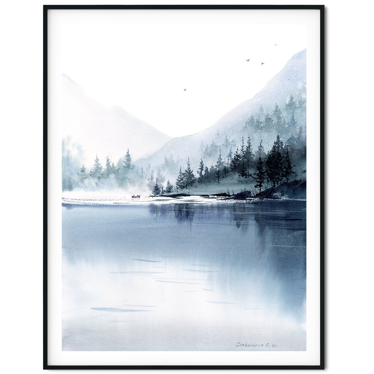 Mountain Print, Misty Mountains Watercolor Art, Monochrome Pine Forest & Lake, Wall Decor for Nature Lovers, Housewarming Gift