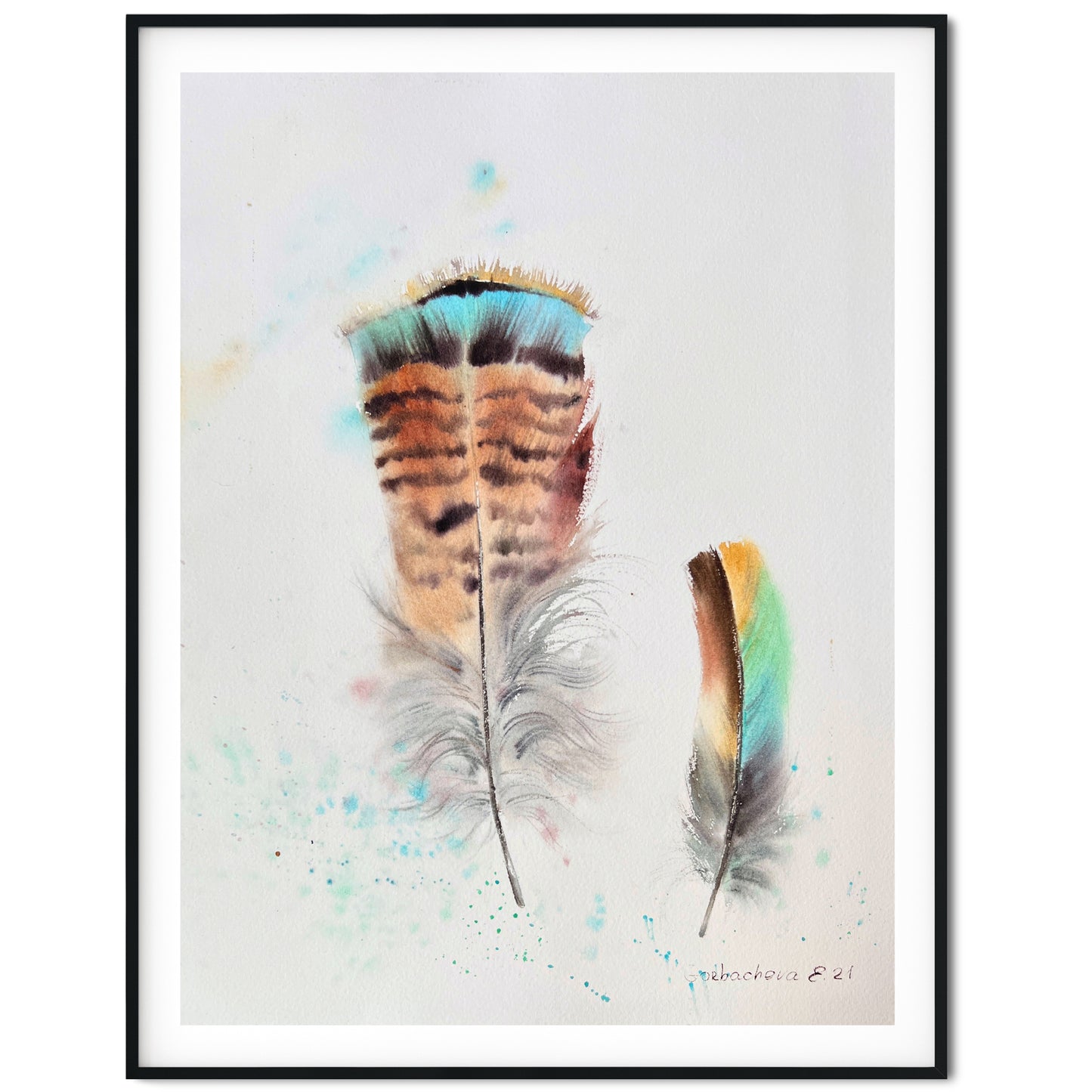Original Watercolor 'Feathers #5' - Ocher-Brown & Turquoise Bird Feathers, Unique Birdwatcher Art Gift