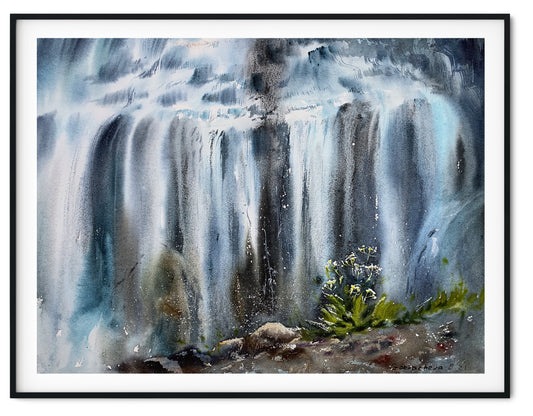 Waterfall Nature Painting Original Watercolor, Tropic Beautiful Landscape, Home Wall Art Decor, Gift For Wife