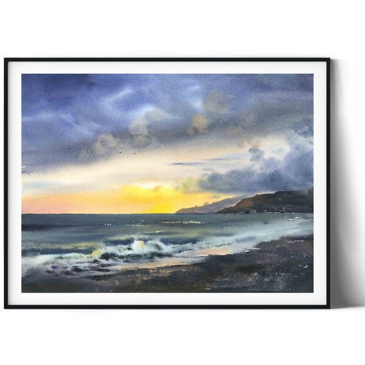 Sea Sunset Art Print, Coastal Wall Decor, Ocean Wave Living room Decoration, Watercolor Beach, Canvas Painting, Clouds