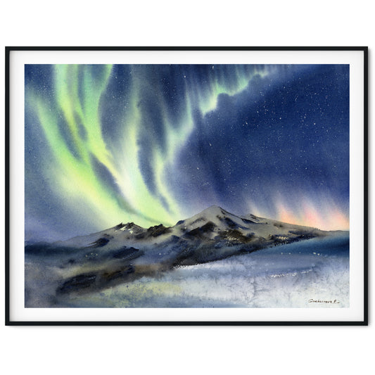 Green Aurora Borealis Wall Art, Polar Lights Print, Watercolor Night Sky, Canvas Scenery Painting, Modern Adventure Art
