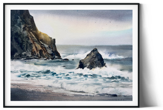 Original Watercolor Landscape of Cliffs, Marine Landscape, Cyprus Seine Maritime Artwork, Rock and Sea, Wave