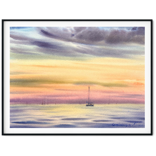 Painting Original, Sailboat Watercolor, Seascape Art, Coastal Sunset, Yachting Office Wall Decor, Blue, Orange, Pink