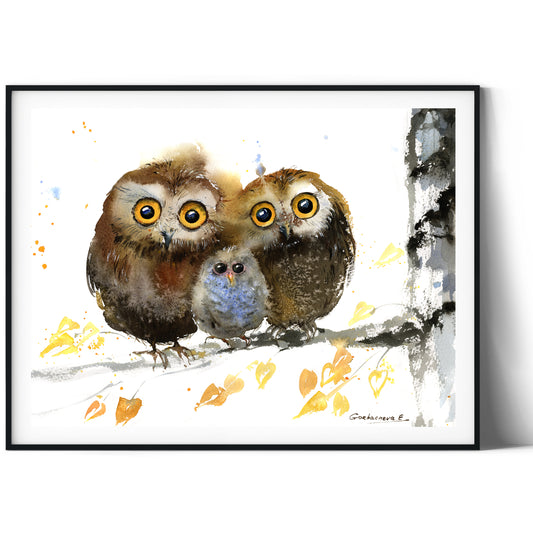 Owl Family Art Print, Nursery Wall Decor, Watercolor Woodland Art, Owl illustration