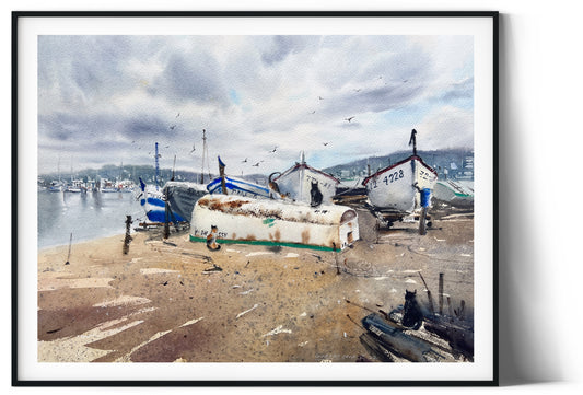Original Painting of Spanish Cats, Watercolor Artwork, Coast of Spain, Coastal Town, Boat, Unique Travel Gift, Beach Art