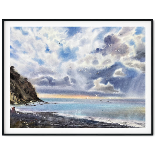 Coastal Painting Watercolor Original - Seagulls over the Sea